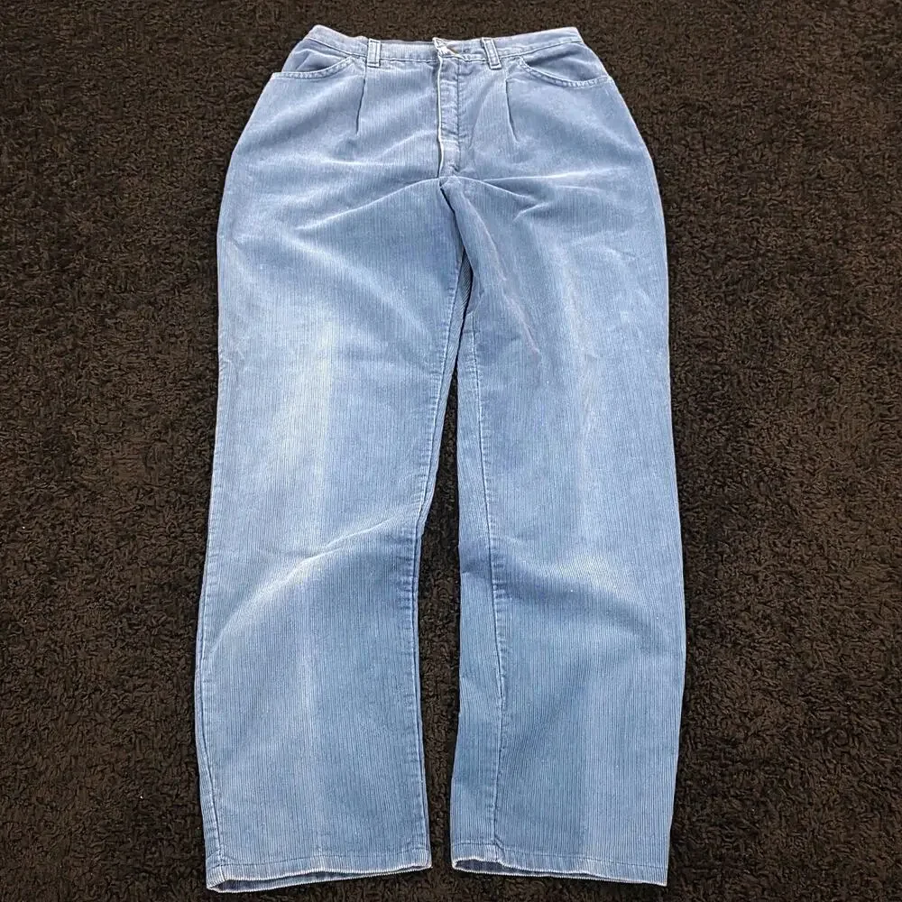 Rare Vintage 70 Sears Blue Pleated Tapered Corduroy High Rise Trousers Size 28